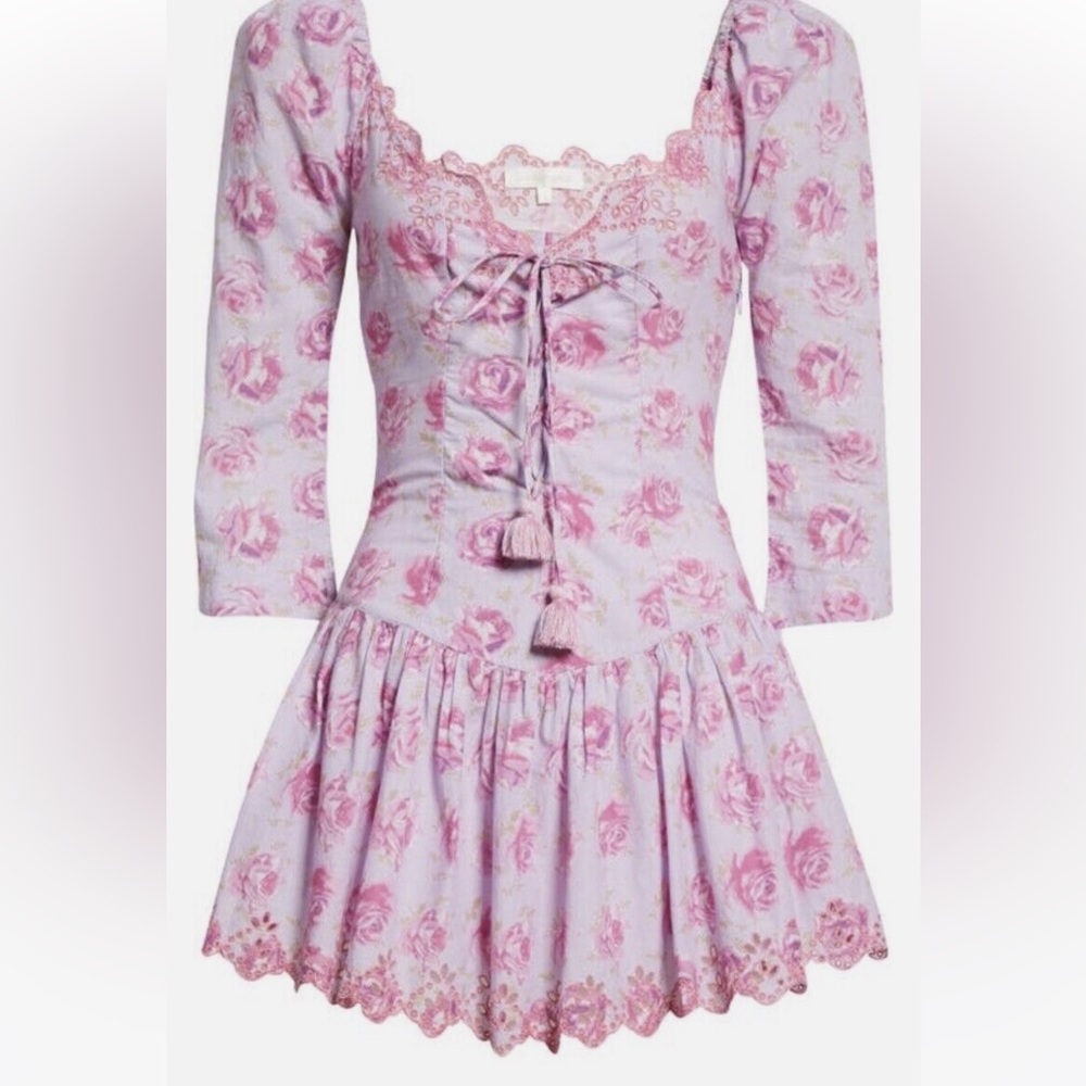 Loveshackfancy deeba lilac fusion floral 3/4 sleeve mini dress